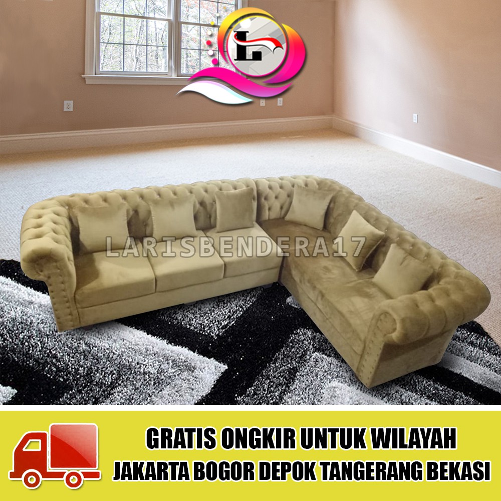 Sofa L Kancing Seribu Plus Meja | Elegan - Premium | Ungu Abu | Gratis Ongkir Jabodetabek