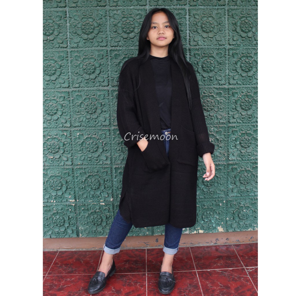 Long cardigan rajut oversize / cardigan Rajut panjang / Cardigan Rajut Longcardy Oversize Tebal-BLACK