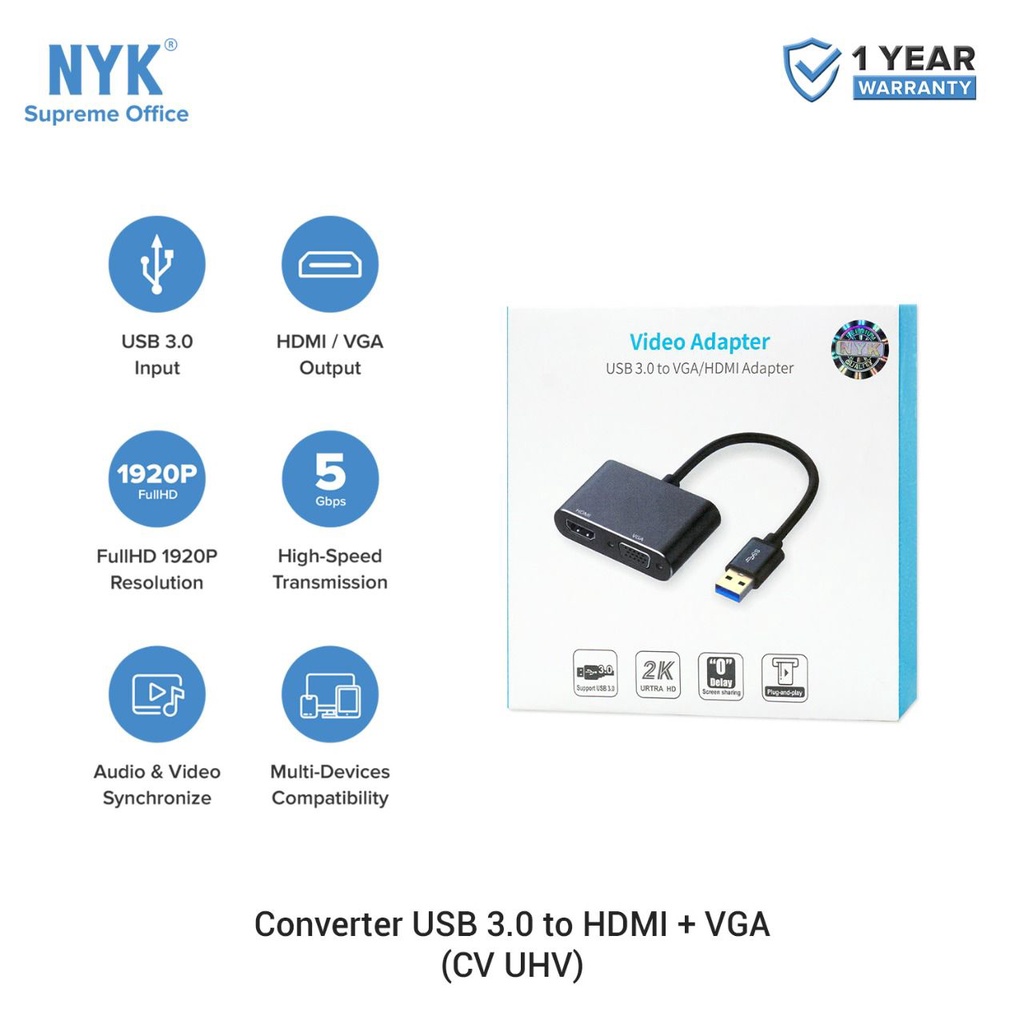 NYK USB 3.0 to HDMI and VGA Display Adapter Converter 2 in 1