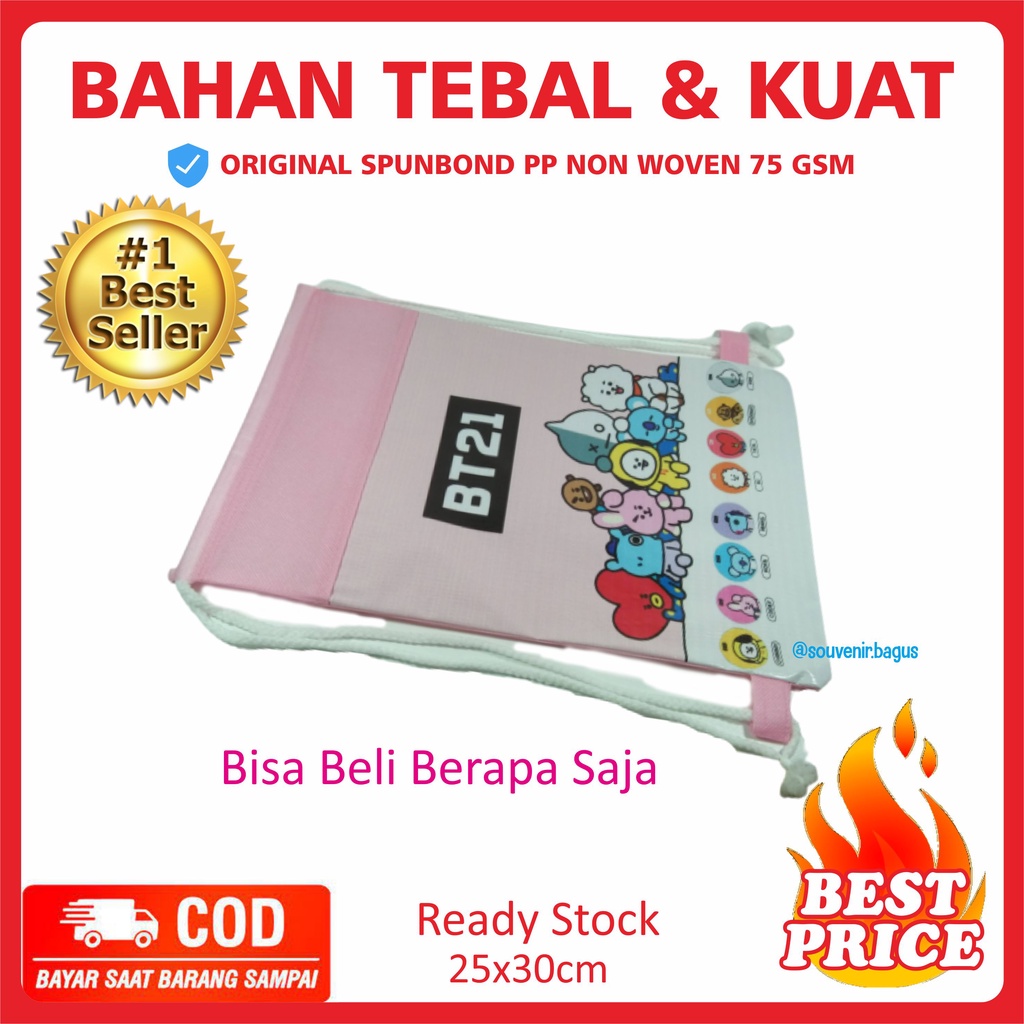 Tas Ultah Serut Backpack Ready Stock Tas Ulang Tahun Tas Souvenir String Bag isi 10 pcs = 0.5 kg-BT21 Pink