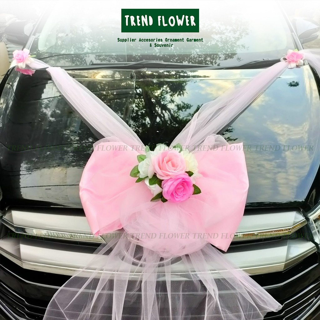 Dekorasi mobil pengantin pernikahan bunga + kain tille karangan bunga kap mobil dekorasi pernikahan