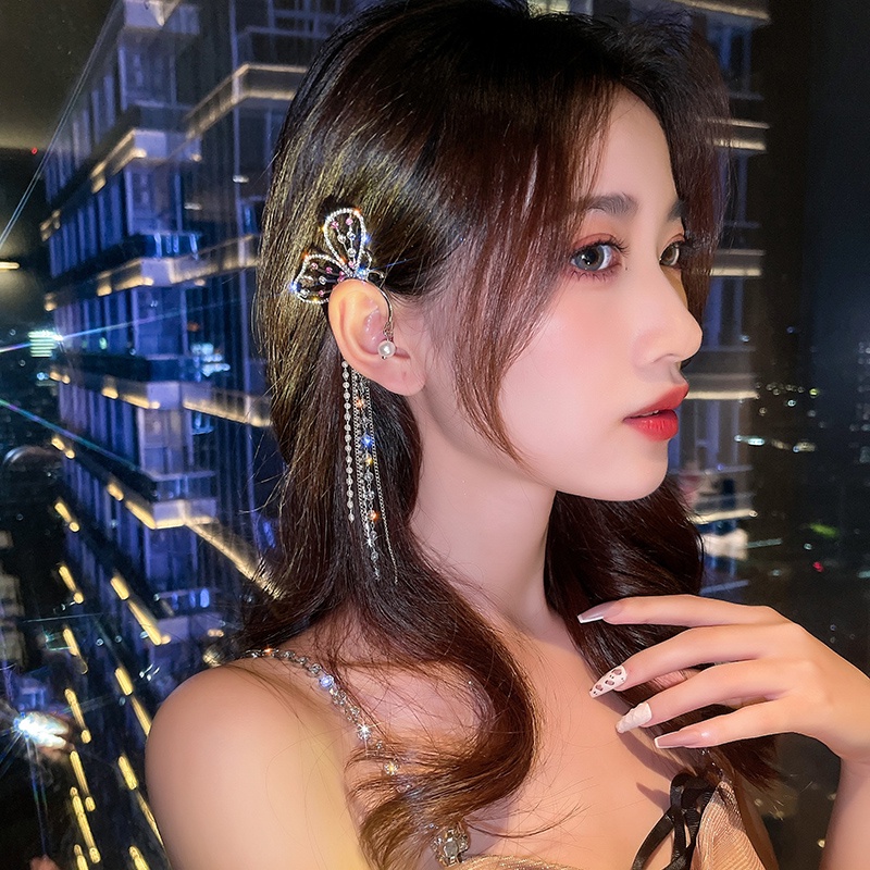 YEEZII Anting Kait Gantung Desain Kupu-Kupu Hias Kristal + Rumbai Hypoallergenic Untuk Wanita