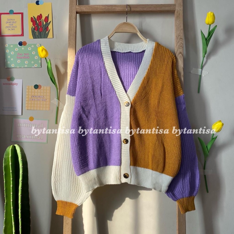 CARDIGAN RAJUT TWIST | OUTER OUTWEAR KNIT MIX WARNA KOMBINASI | CARDYGAN TEBAL PREMIUM HIGH QUALITY-Lilac Twist