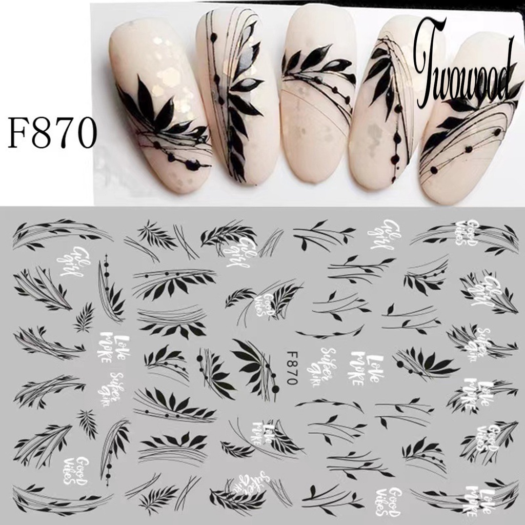 Twowood Stiker Kuku Motif Bunga / Kupu-Kupu Hitam Putih Untuk Nail Art / Manicure DIY Butterfly