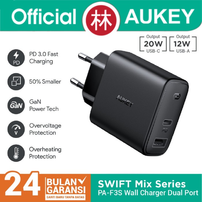 Aukey PA-F3S Dual Port Wall Charger Swift Mix Series