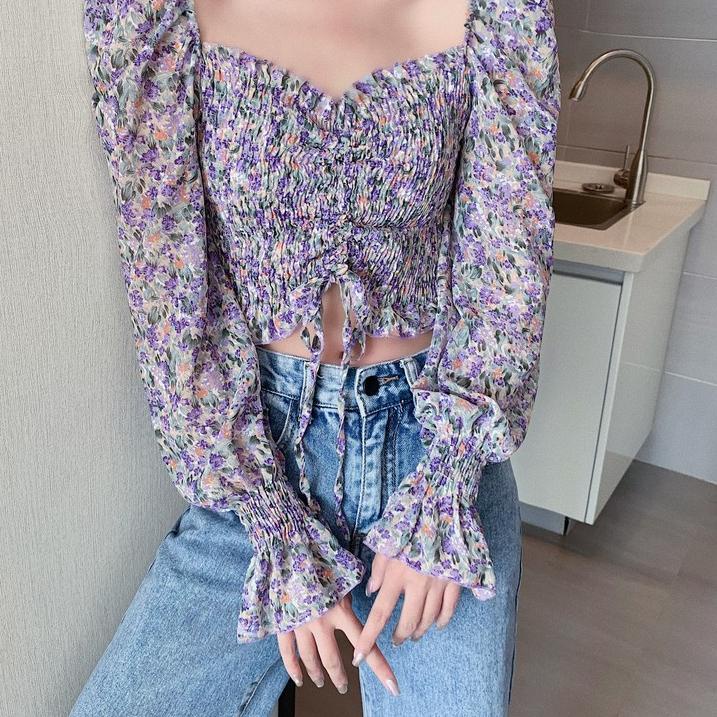 Harga Bersahabat.. Kemeja Sifon Bunga Ungu Kecil Segar Gaya Korea Wanita Lengan Panjang