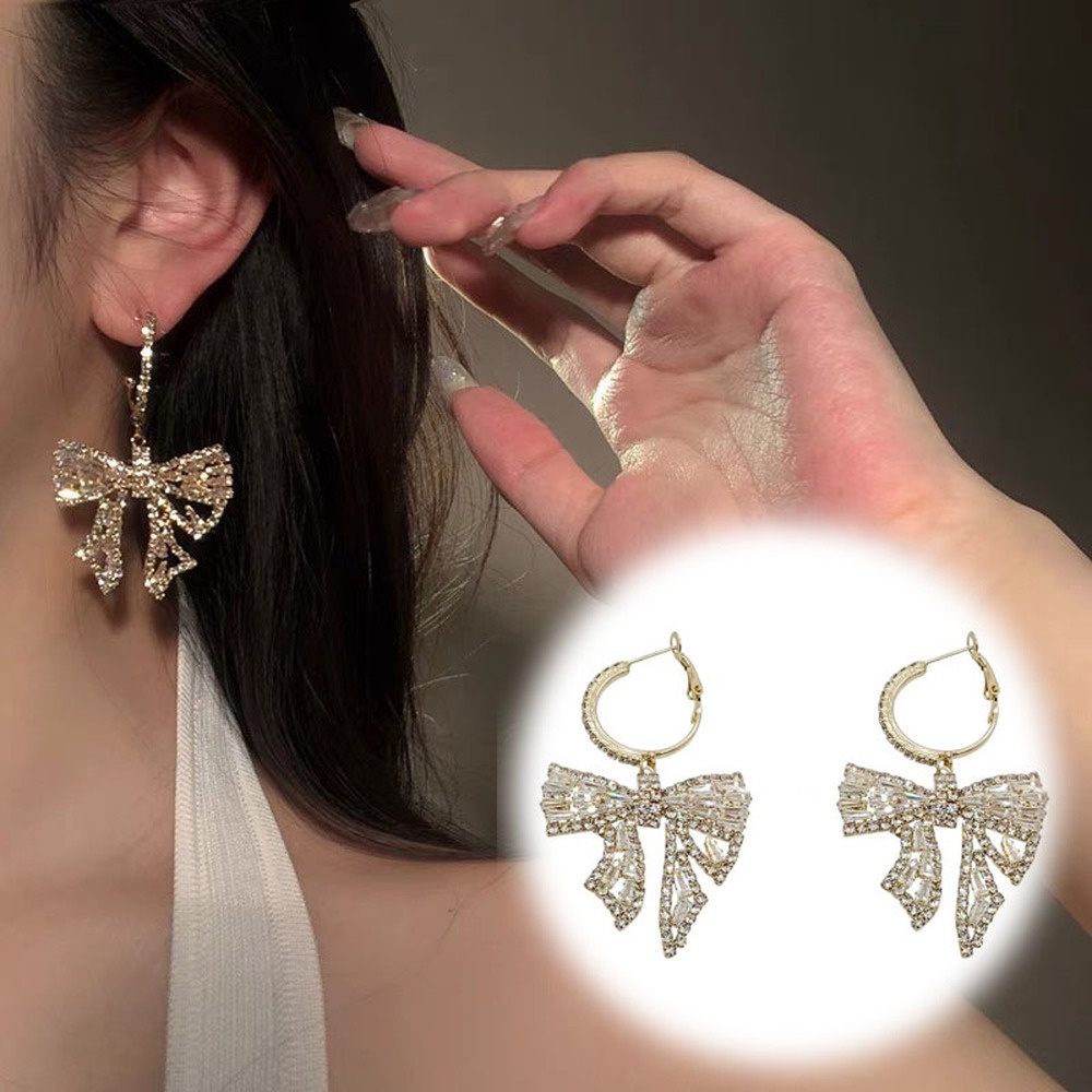 Anting Tusuk Gantung Temperament Desain Pita Hias Zirconberlian Untuk Wanita