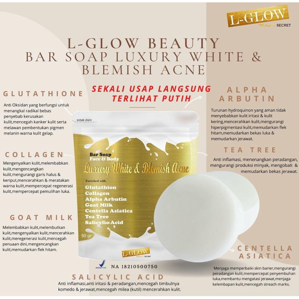 LGLOW Bar Soap Luxury White & Blemish Acne / Sabun Lglow Beauty / Sabun Pemutih Badan BPOM / jualanj