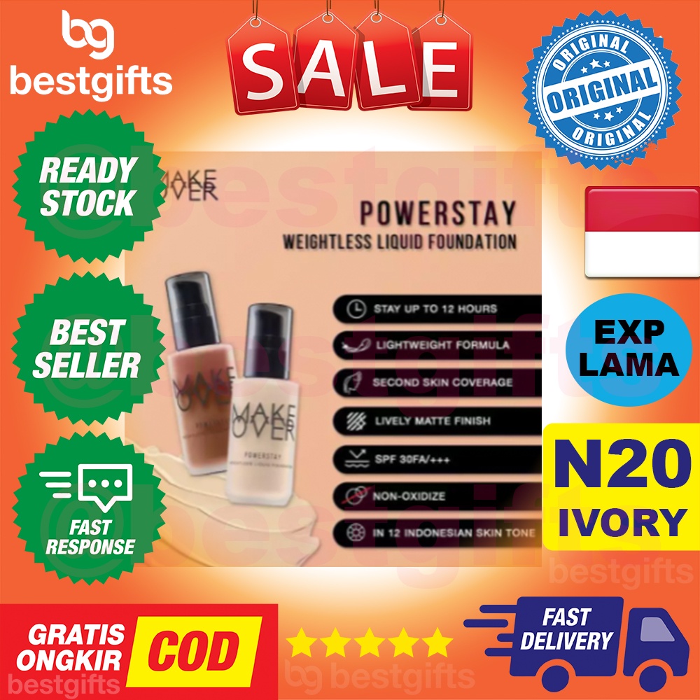 MAKE OVER MAKEOVER POWERSTAY WEIGHTLESS LIQUID FOUNDATION MATTE FONDASI WAJAH TAHAN LAMA N20 IVORY 33 ML