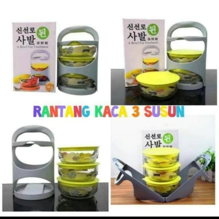 Mangkok Kaca - Rantang Kaca 3Susun Rantang Mangkok Kaca Multifungsi Serbaguna