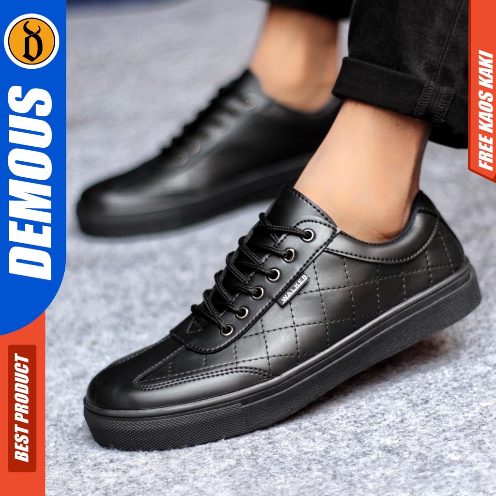 Sepatu Kasual Pria Sneakers Casual Kulit Pu Hitam Polos Kerja Demous Pedroo