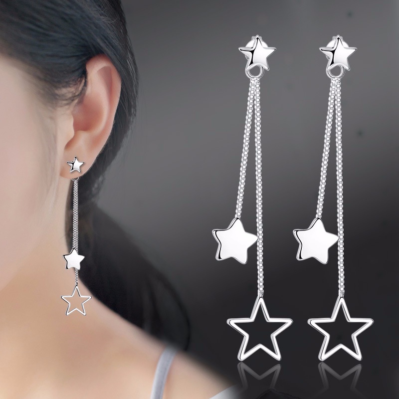 Anting Perak 925 Wanita bintang berujung lima berongga ganda Perhiasan Fashion