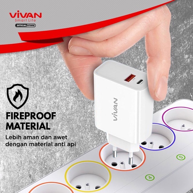 Original Charger VIVAN Universal Fast Charger 5A Type C &amp; USB Android iPhone Samsung Xiaomi Cas DT01