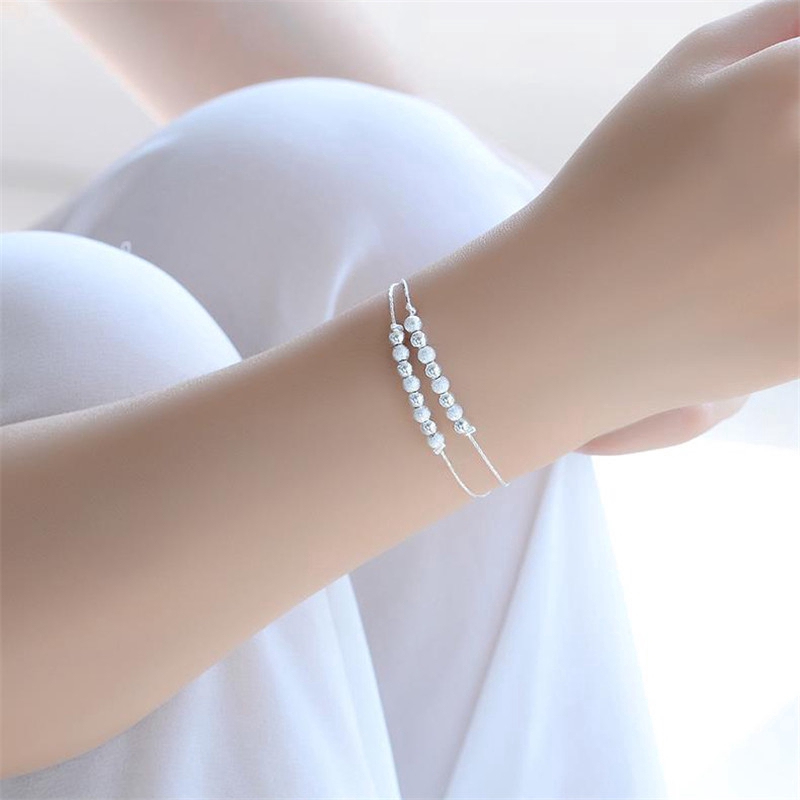 Fashion Aksesoris S925 Sterling Silver Bracelet Desain Manik-manik Lapisan Ganda Sederhana dan Serbaguna