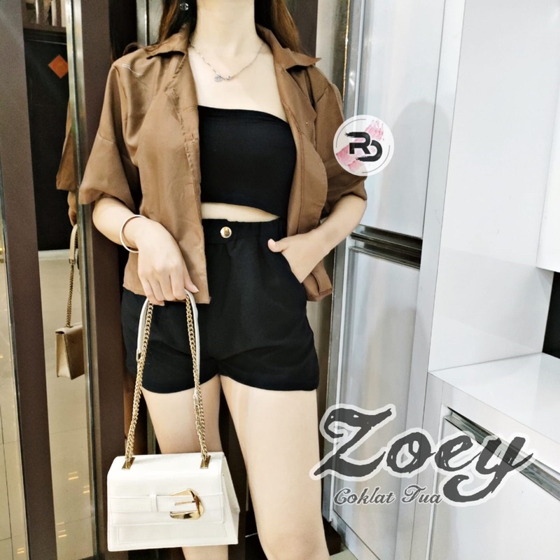 RD FASHION - ZOEY KEMEJA CROP LENGAN PENDEK / Satin Crop Shirt/ Kemeja Crop Basic/ Kemeja Crop Wanita / YOEWOL