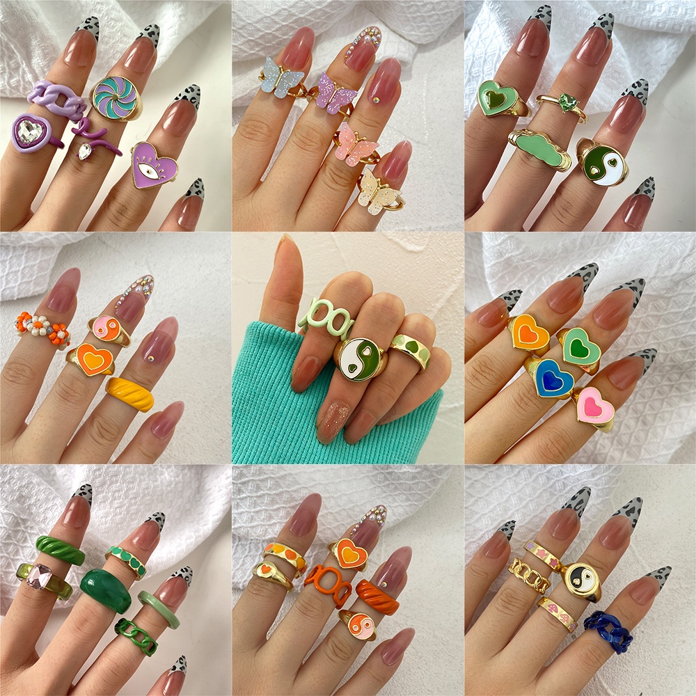 6 pcs / set Warna Resin Cincin Set Logam Terbuka Cincin Untuk Wanita Fashion Kunci Perhiasan Aksesoris Hadiah