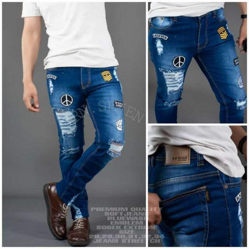 Celana Panjang Shoft Jeans Sobek Exstreme Emblem RN.SEVEN