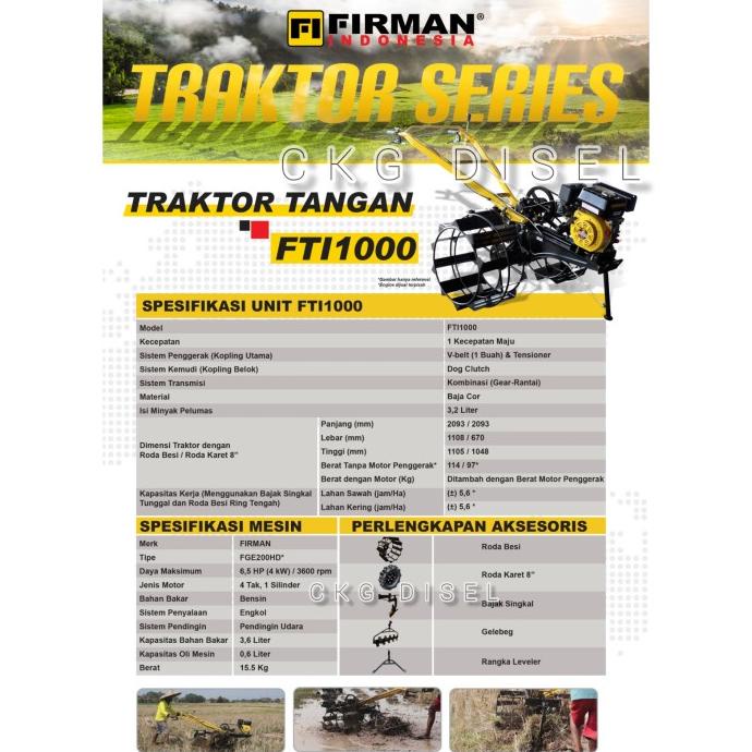 Traktor Tangan Firman FTI1000 Capung Bajak Sawah Hand Traktor FTI 1000