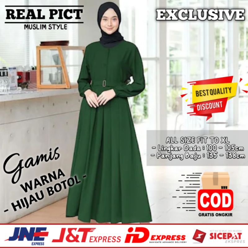 Baju Gamis Remaja Terbaru 2023 Lebaran Gamis Hijau Botol Polos Gamis Wanita Syar'i Muslim Remaja Sab