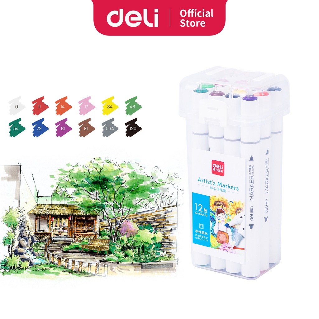 

Deli 70804 Color Water-based Double Tip Marker Spidol Ujung Ganda 12 Warna