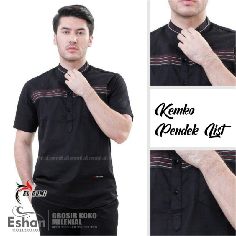 Kemeja Koko lengan pendek warna hitam Baju Koko Pria Baju Muslim