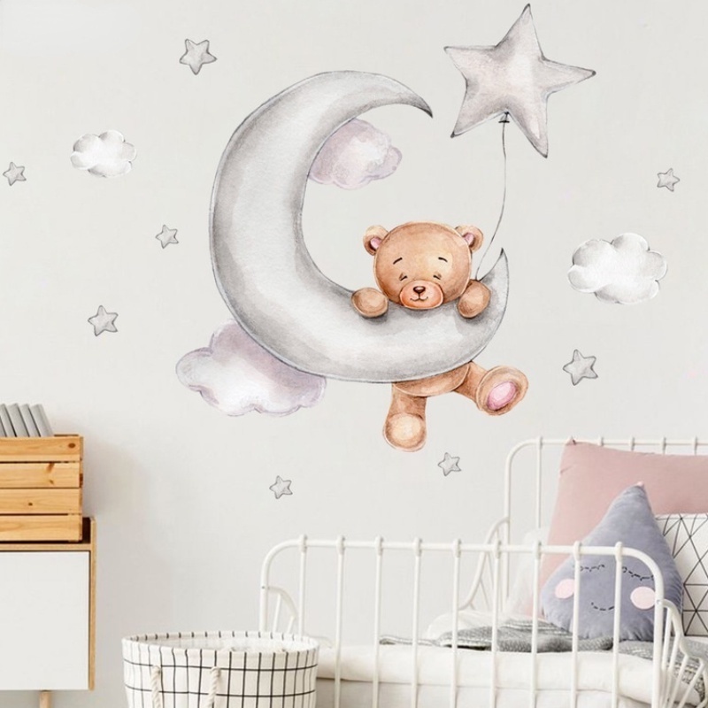 Stiker Dinding Desain Kartun Beruang Teddy Bear Bulan Bintang Dengan Perekat Dapat Dilepas Untuk Kamar Anak