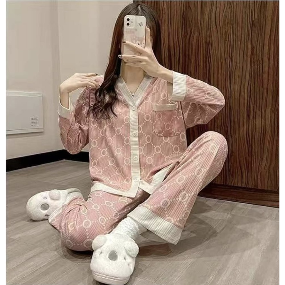 Baju tidur piyama lengan panjang celana panjang bahan kaos prisket