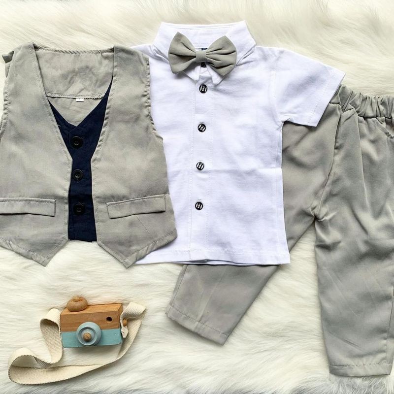 RAFFABY SECRET'S Set Baby Tuxedo Celana Panjang | Setelan Anak Laki laki | Baju Anak 1-7 Tahun-Abu Muda