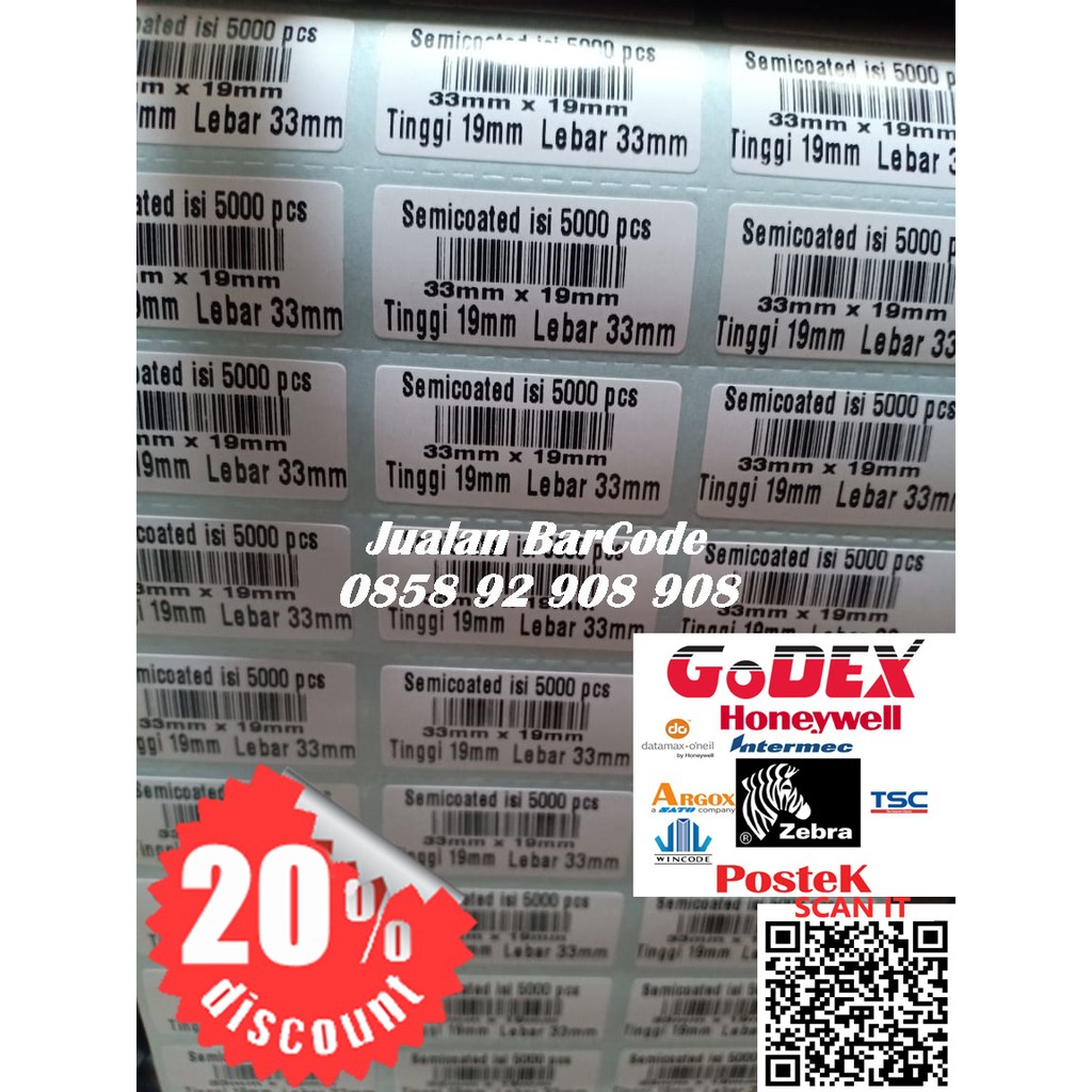 

KERTAS STIKER LABEL PRINTER BARCODE 33x19 MM - 3 LINE - SEMICOATED 5000 pcs CORE 1 INCH