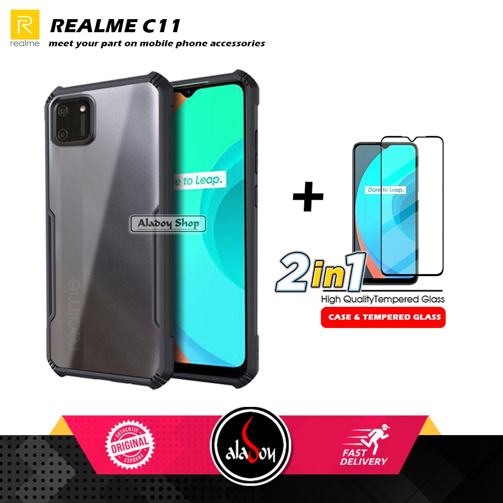 PAKET 2 IN 1 Case Realme C11 Armor Fusion Transparent Prmium Casing Free Tempered Glass