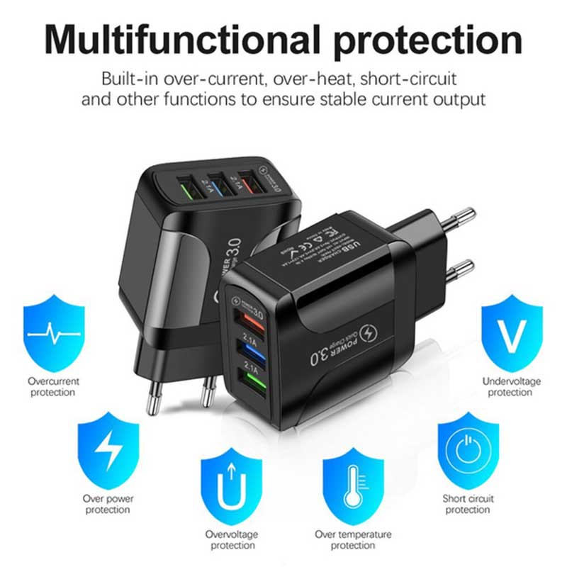 Adapter Charger Dinding 3 Port USB Fast Charging 15W Plug US / EU Untuk Handphone