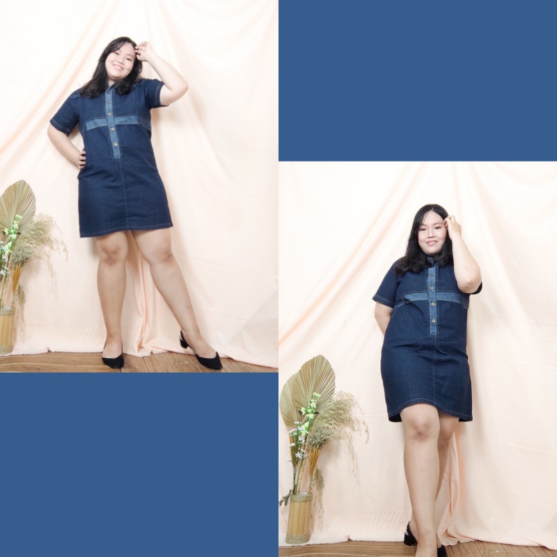 SB Collection Midi Dress Serwilah Short Dress Jeans Wanita Jumbo All Size Biru Muda dan Tua