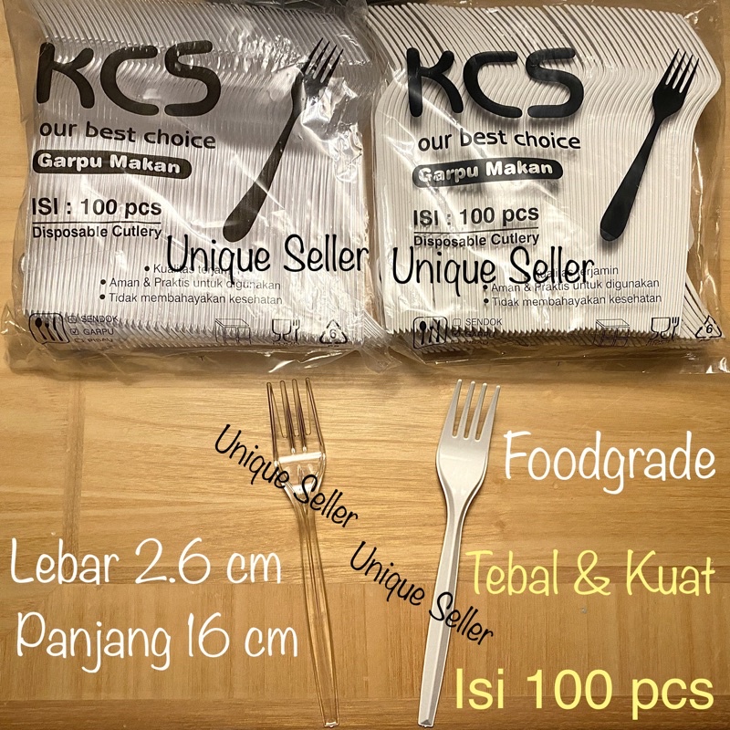 Garpu Plastik KCS isi 100 / Garpu Makan Plastik Bening KCS Putih Susu Hitam ISI 100 PCS