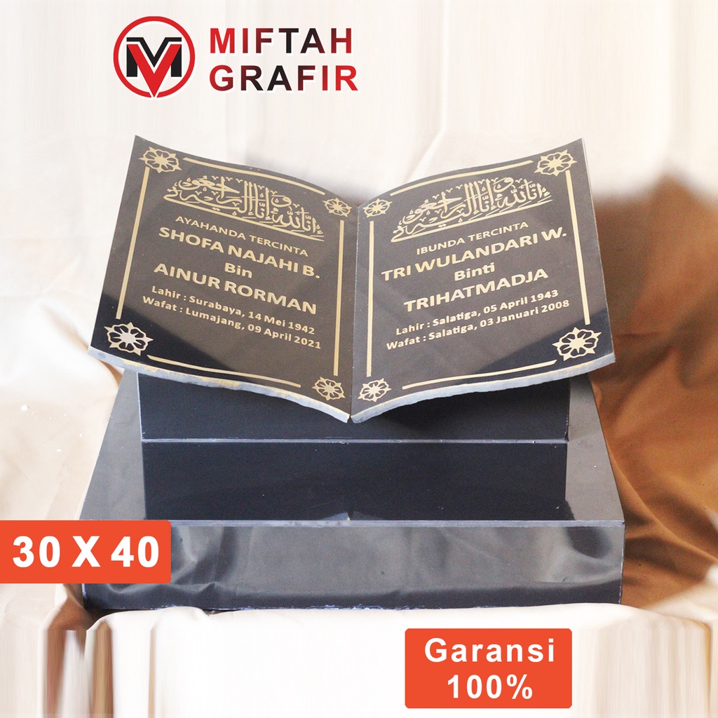 Batu Nisan Makam Maesan Kuburan Granit Model Bentuk Buku 2 Dua Nama Dan + Dudukan Kijing Hitam A22 K
