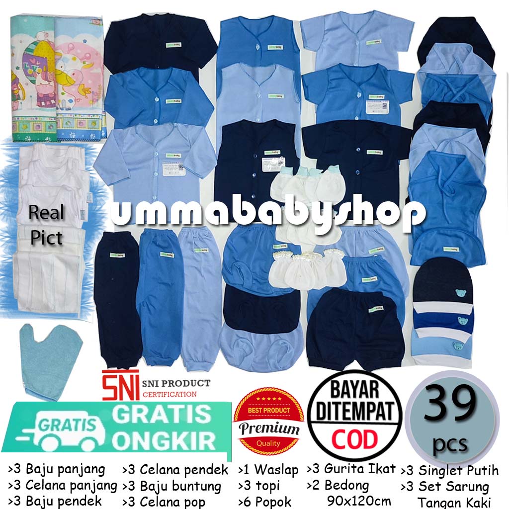 39pcs Paket Ekonomis Perlengkapan Baju Bayi Setelan Anak Celana Bayi Paket Lengkap Hemat Baby Newborn Gift Set Persiapan Lahiran SNI Polos Biru Kado Murah
