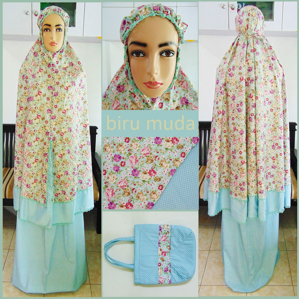 Mukena Katun Jepang Renda Sulam motif mawar kecil warna biru muda