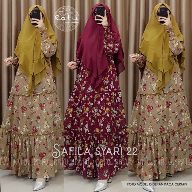 SAFILA SYARI SET JILBAB CERUTY MOTIF PRINTING RATU HIJAB TANGAN PERTAMA