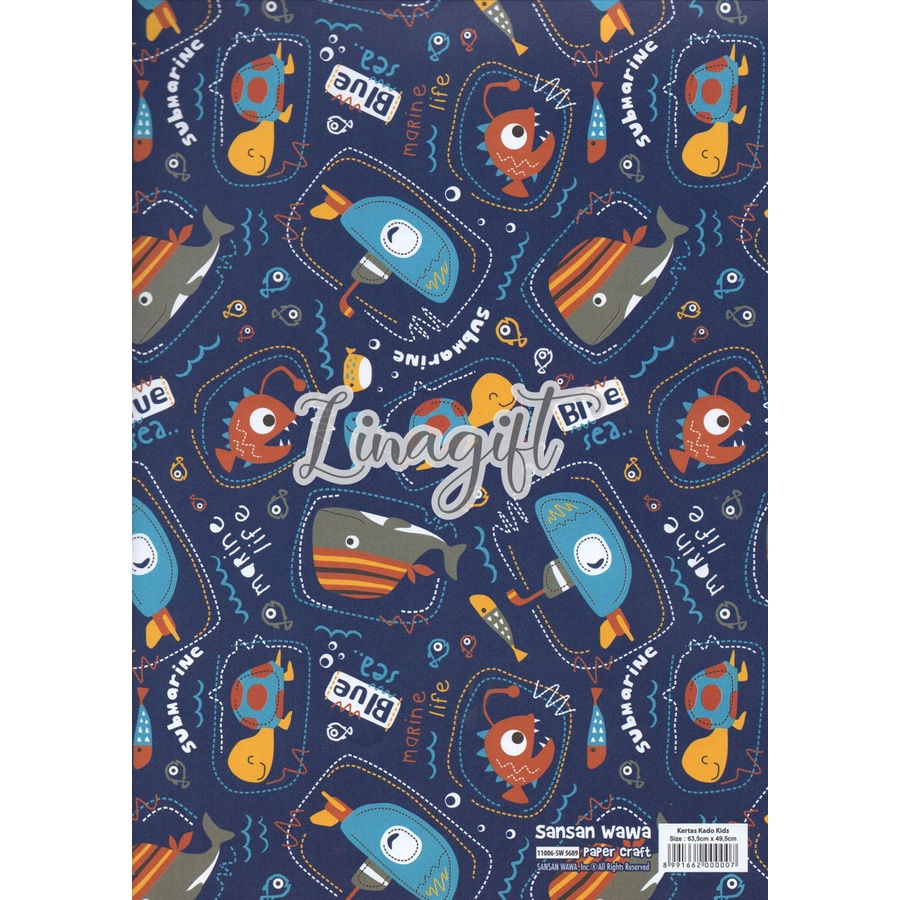 ( 5 Lembar ) SHARK SANWA - KERTAS KADO ANIMAL CARTOON - GIFT WRAP PAPER SANSAN WAWA IKAN HIU / NEMO / CUTE BINATANG / WHALE PIRATE DOLPHINS BLUE SEA MARINE LIFE SUBMARINE