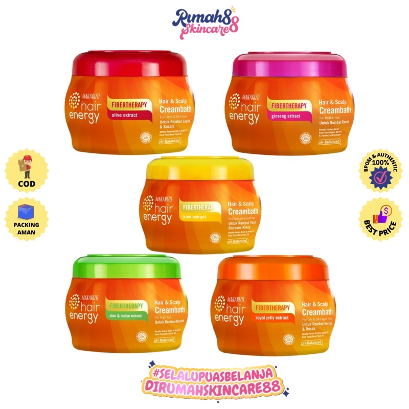 MAKARIZO Hair Energy Fibertherapy Hair &amp; Scalp Creambath 500gr | Aloe &amp; Melon | Kiwi | Royal Jelly | Gingseng | Ginseng | Olive