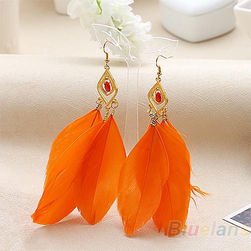 Fashion Anting Gantung Bulu Angsa Buatan Tangan dengan Kait 1 Pasang