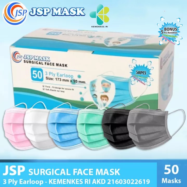 Masker Medis Earloop JSP 3 ply Surgical Face Mask Isi 50 Pcs