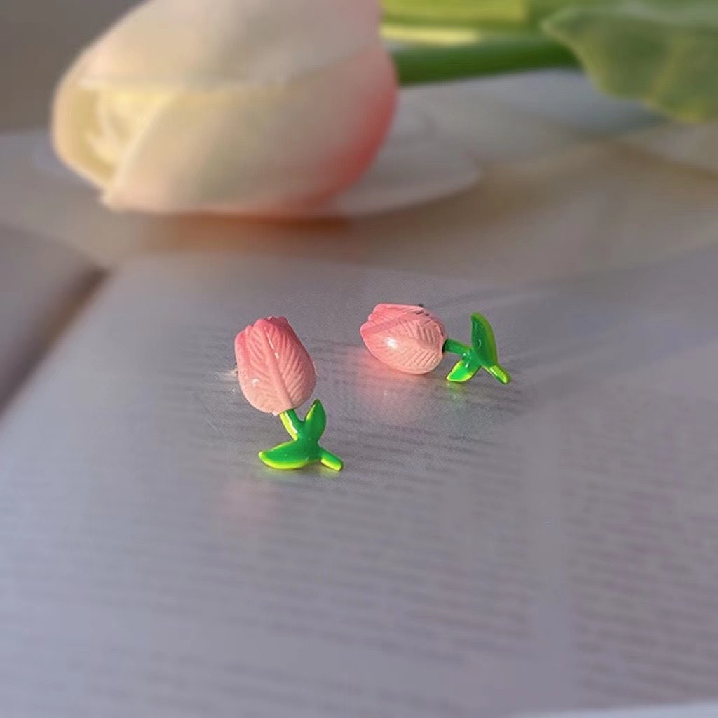 AY(CN) Anting Stud Desain Bunga Tulip Pink Daun Hijau Untuk Wanita