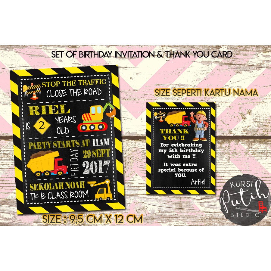 

Set birthday invitation dan thank you card tema construction