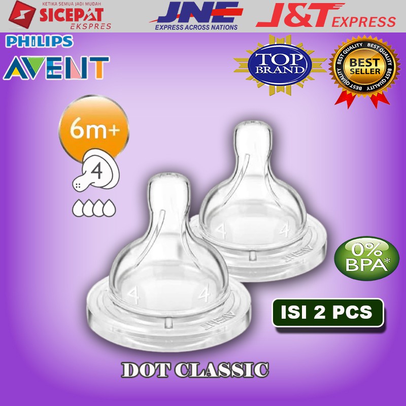 Dot Botol Susu Bayi Avent SCF634/27 Nipple Karet Silicon Teat Fast 4 Lubang 2pcs Classic 6m+ 6 Bulan