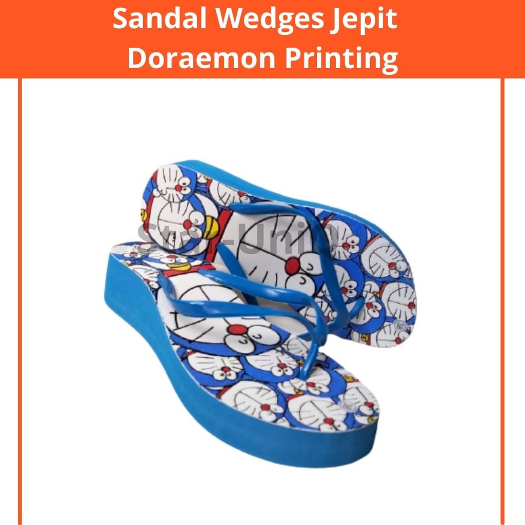 [ COD ] Sandal Wanita / Sandal Wedges Wanita Jepit Doraemon Printing Ukuran 36-40