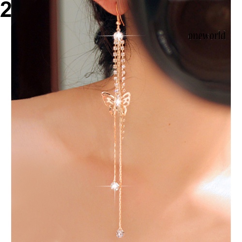 OW@ Women Hollow Butterfly Rhinestone Long Tassels Chain Hook Dangle Linear Earrings