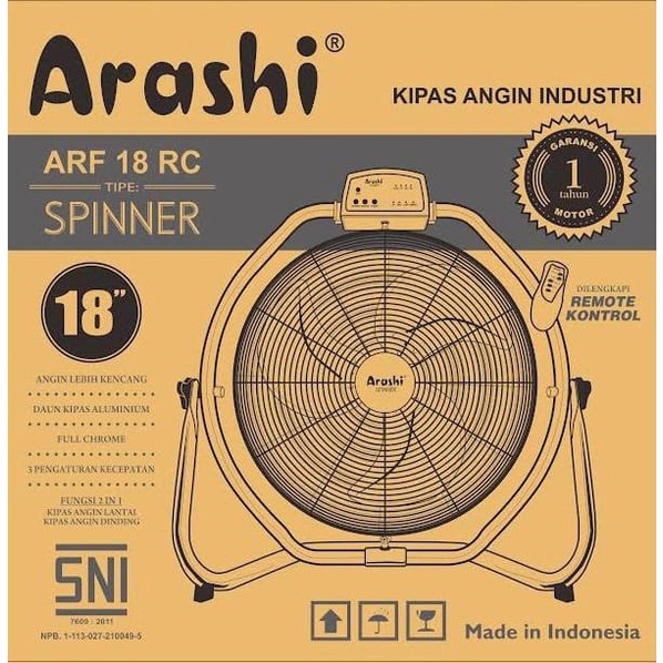 ARASHI Kipas Angin Lantai 18 Inch Remote ARF 18RC Spinner - Garansi 1 Tahun