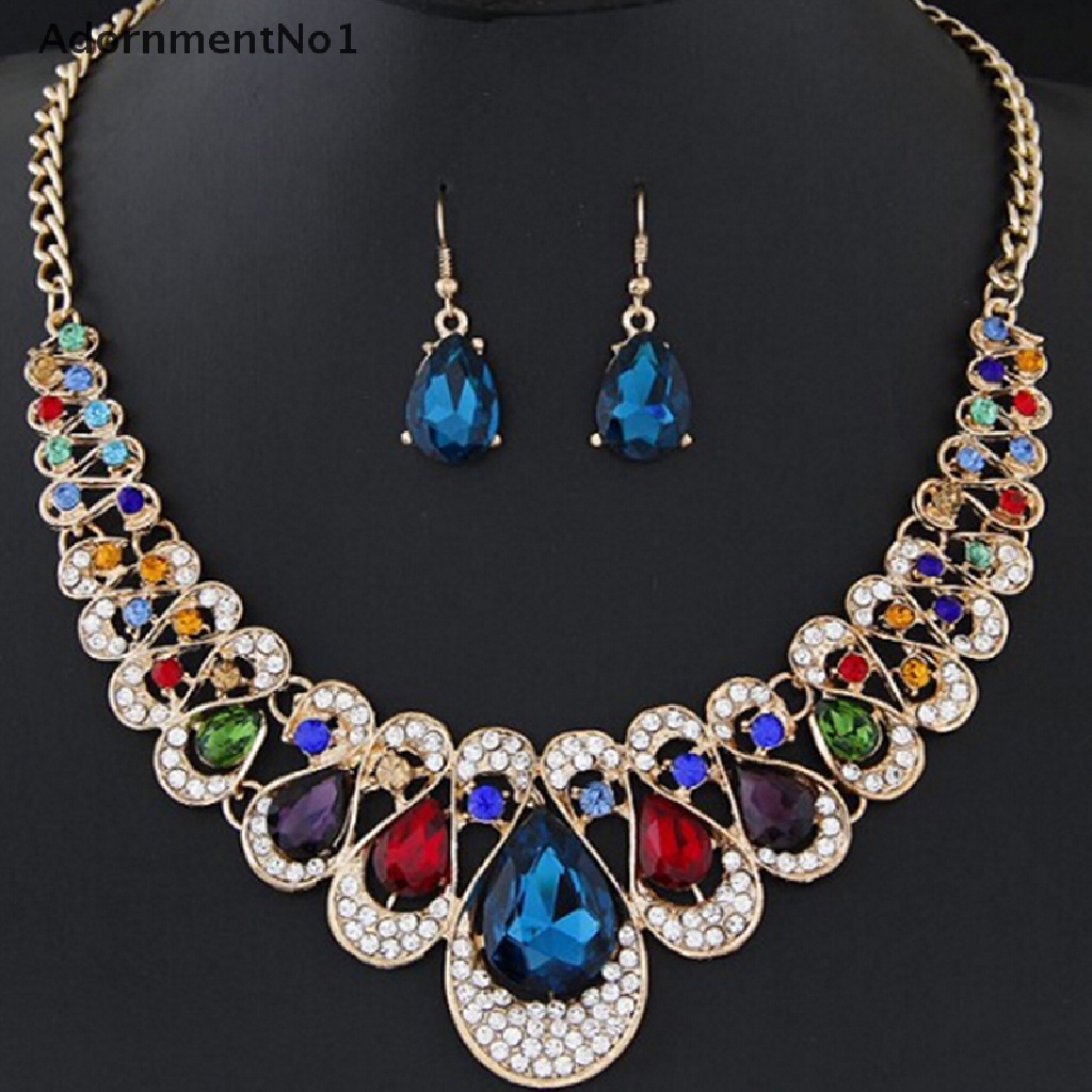 (AdornmentNo1) Set Kalung Rantai + Anting Tusuk Lapis Emas Hias Kristal Berlian Imitasi Untuk Wanita