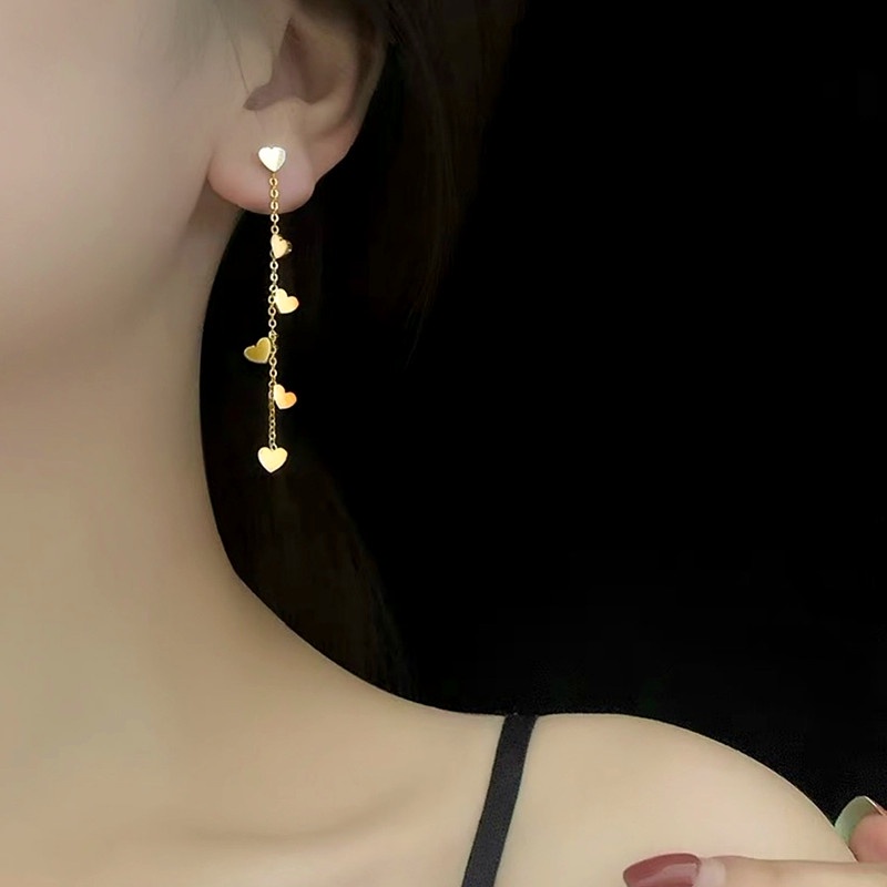 Anting Titanium hati Korea Panjang Lapis Emas 18K Aksesoris Wanita earrings Rumbai Perhiasan