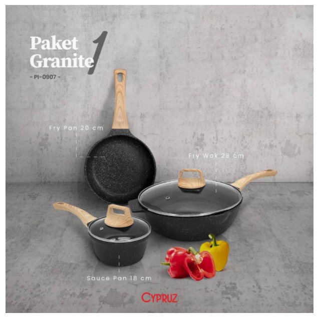 Cypruz PI-0907 Granite Cookware 5Pcs Dengan Kuali Gagang